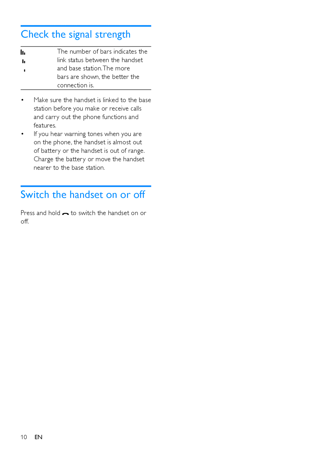 Philips CD195, CD190 user manual Check the signal strength, Switch the handset on or off 