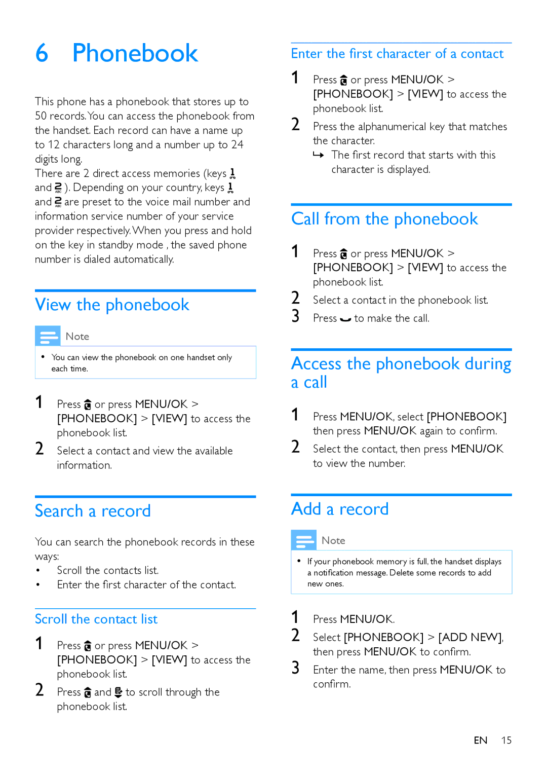 Philips CD190, CD195 user manual Phonebook 