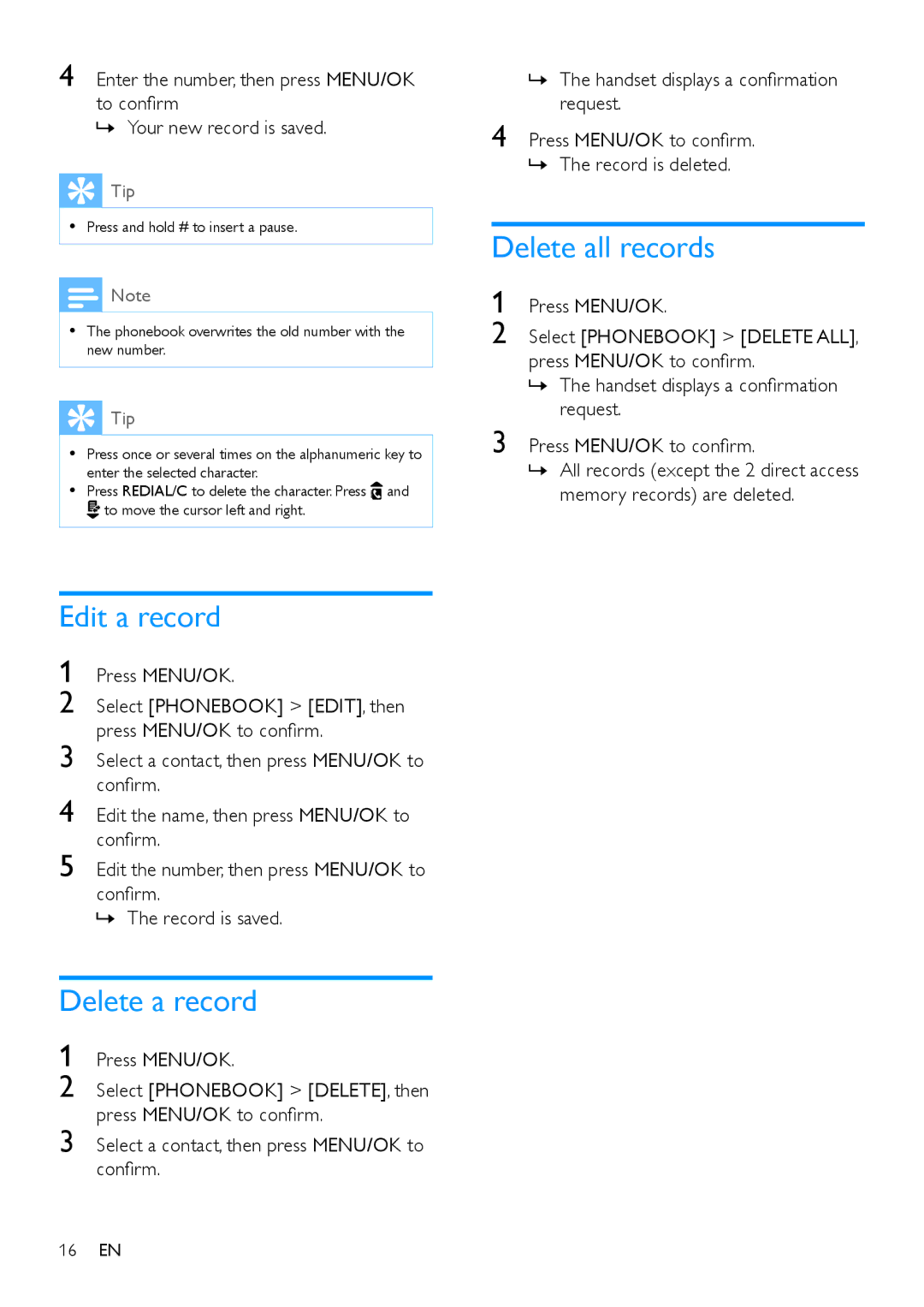 Philips CD195, CD190 user manual Edit a record, Delete a record, Delete all records 