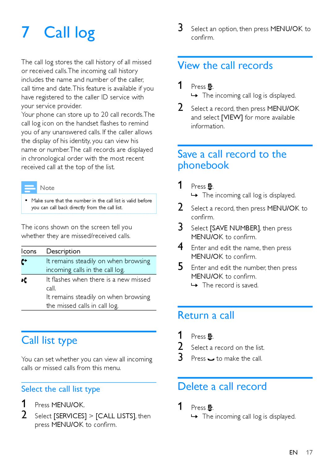 Philips CD190, CD195 user manual Call log 