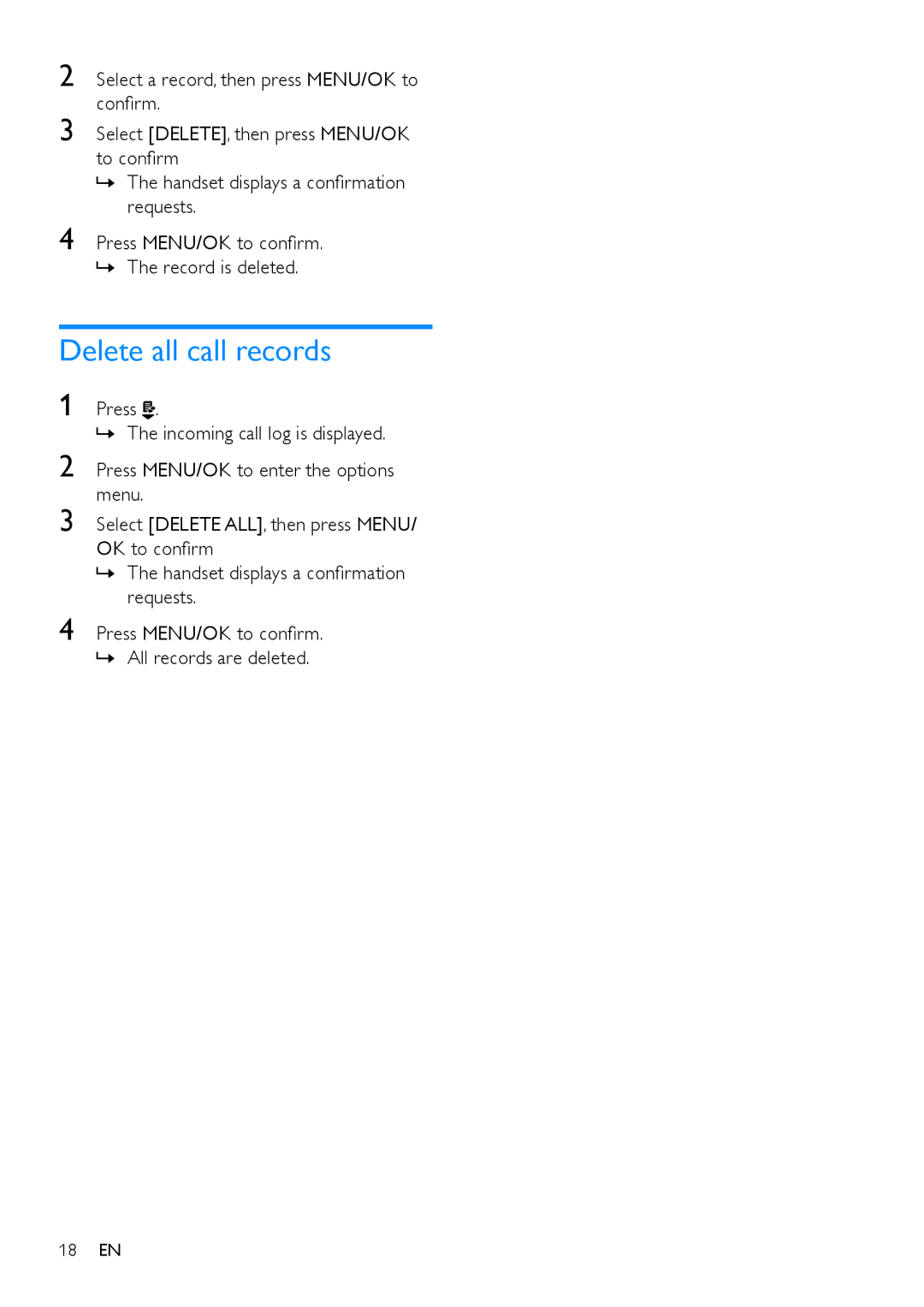 Philips CD195, CD190 user manual Delete all call records 