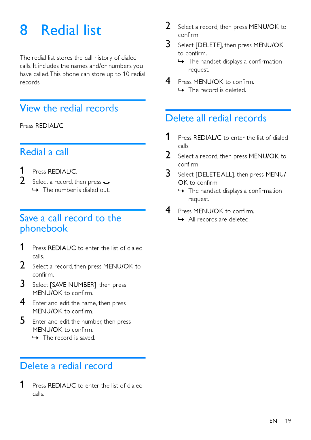 Philips CD190 Redial list, View the redial records, Redial a call, Delete a redial record, Delete all redial records 