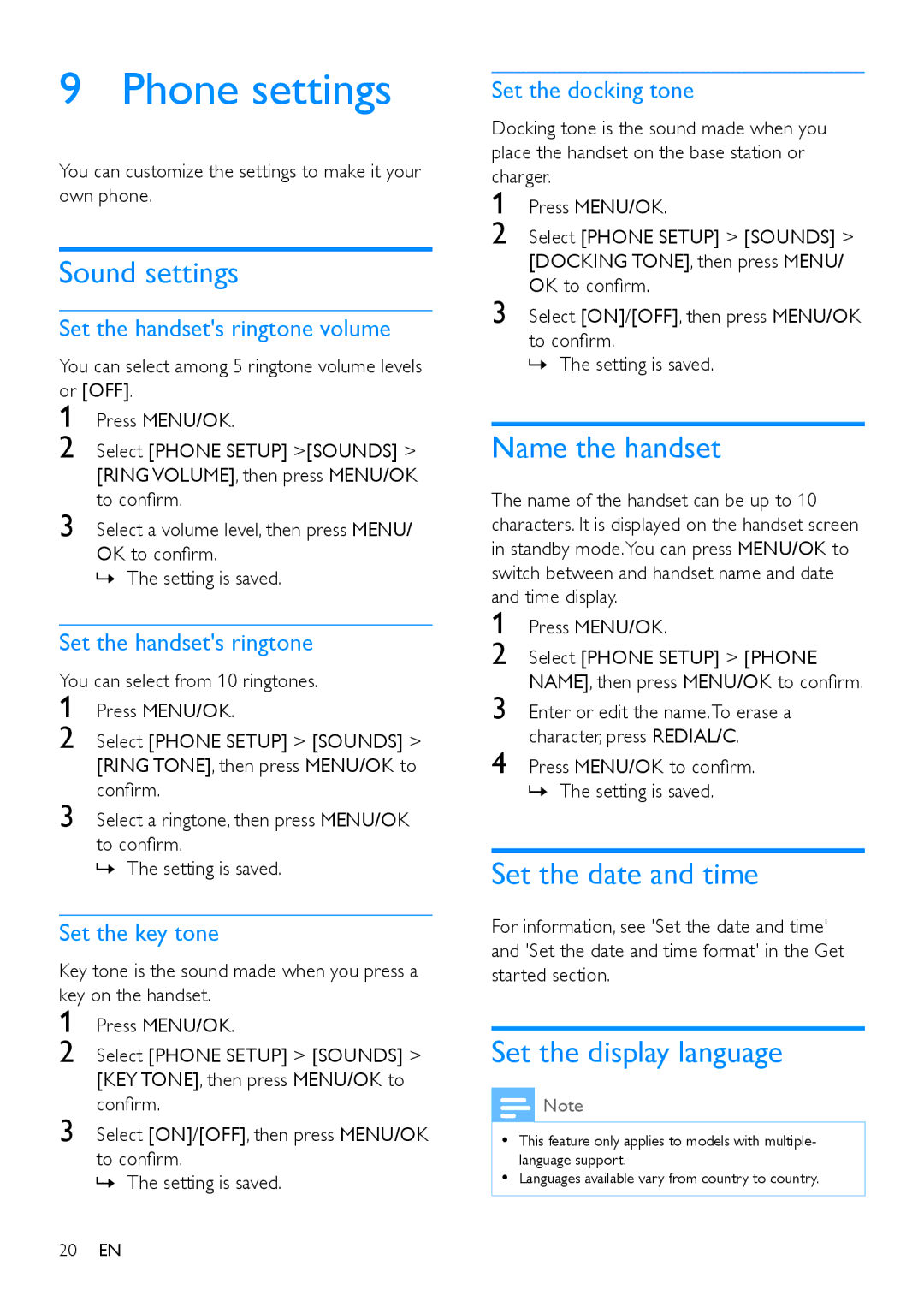 Philips CD195, CD190 Phone settings, Sound settings, Name the handset, Set the date and time, Set the display language 