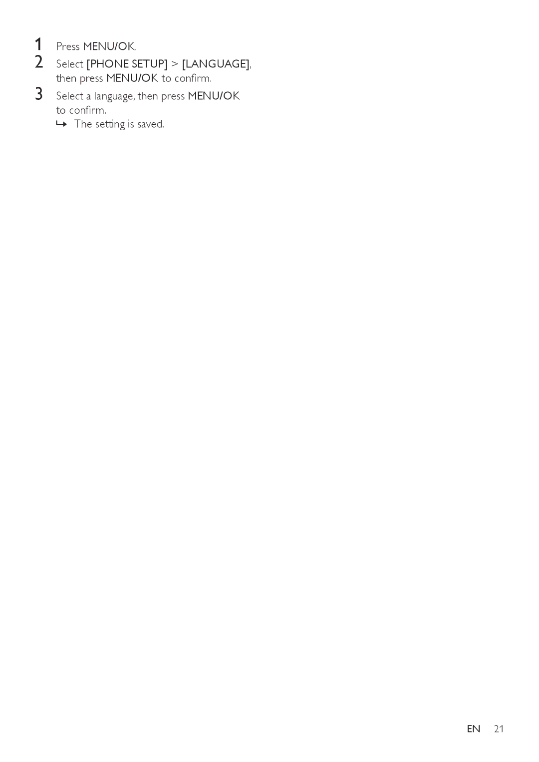 Philips CD190, CD195 user manual Select Phone Setup LANGUAGE, then press MENU/OK to confirm 