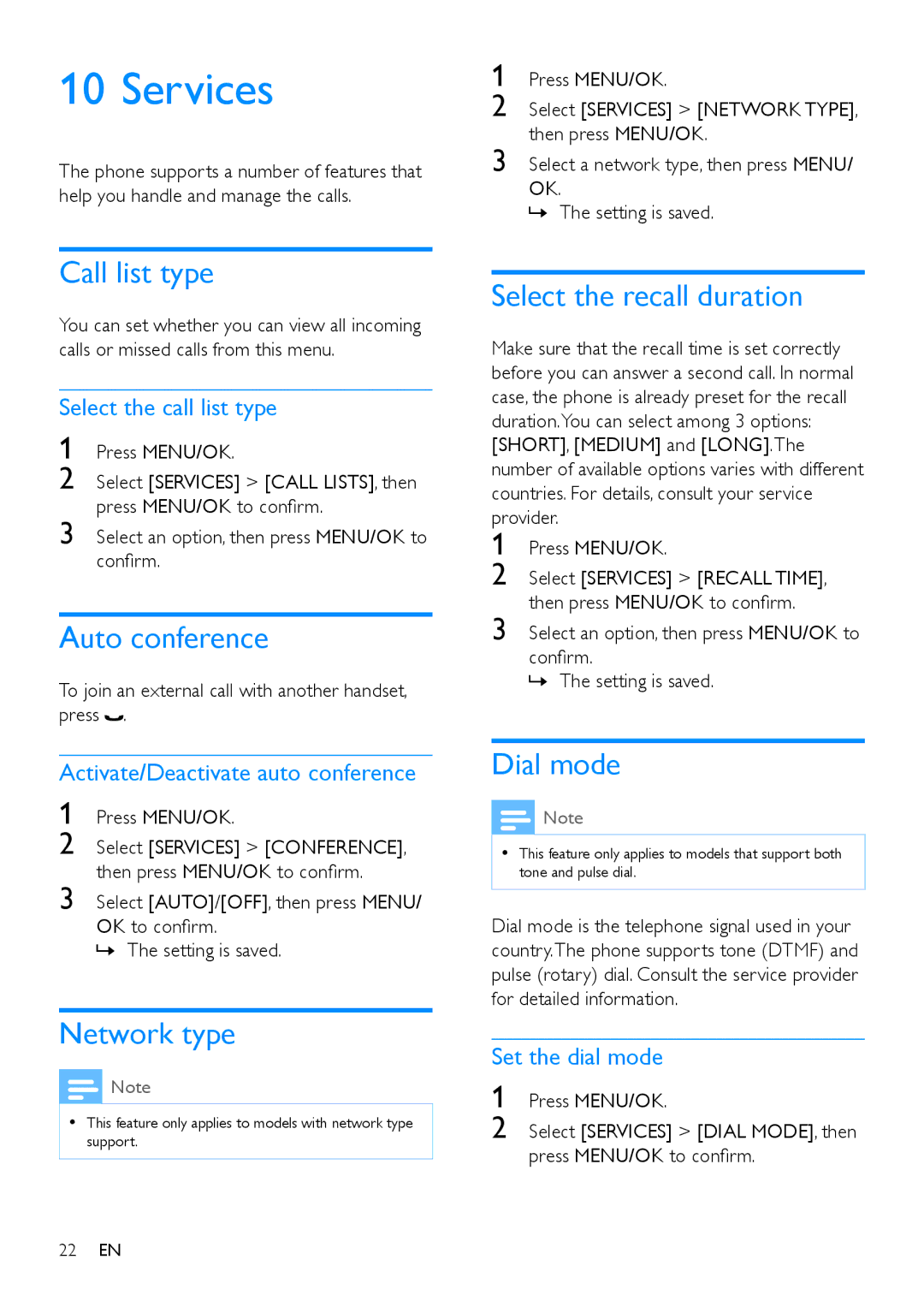 Philips CD195, CD190 user manual Services, Auto conference, Network type, Select the recall duration, Dial mode 