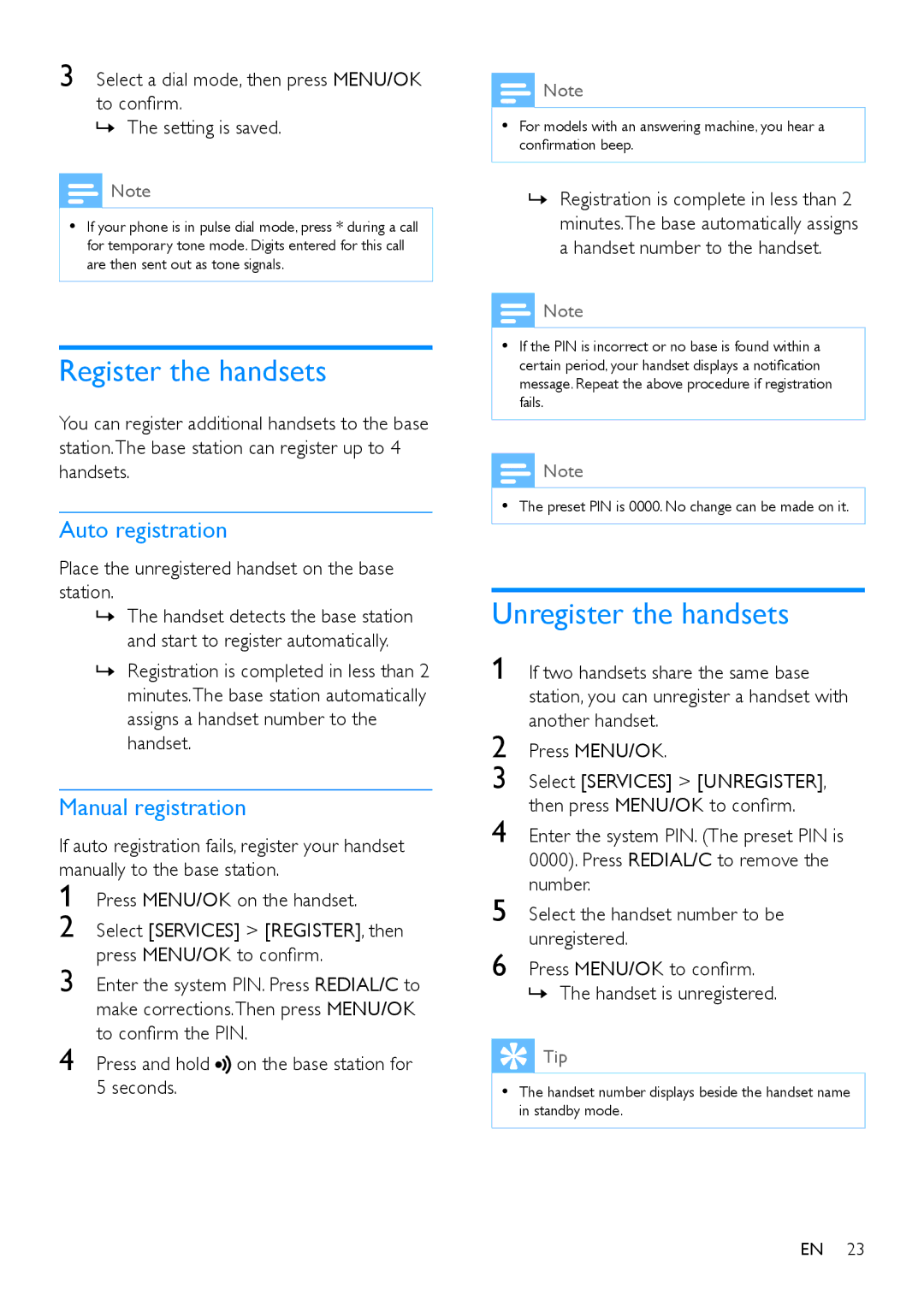 Philips CD190, CD195 user manual Register the handsets, Unregister the handsets, Auto registration, Manual registration 