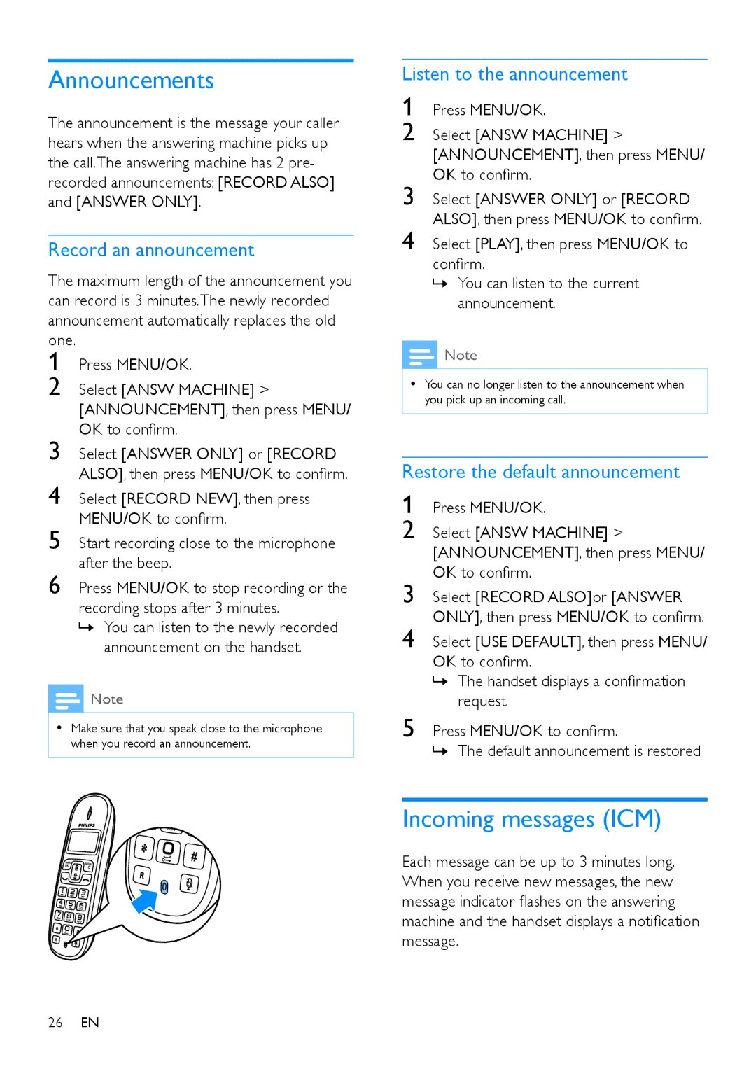 Philips CD195, CD190 user manual Announcements, Incoming messages ICM, Record an announcement, Listen to the announcement 