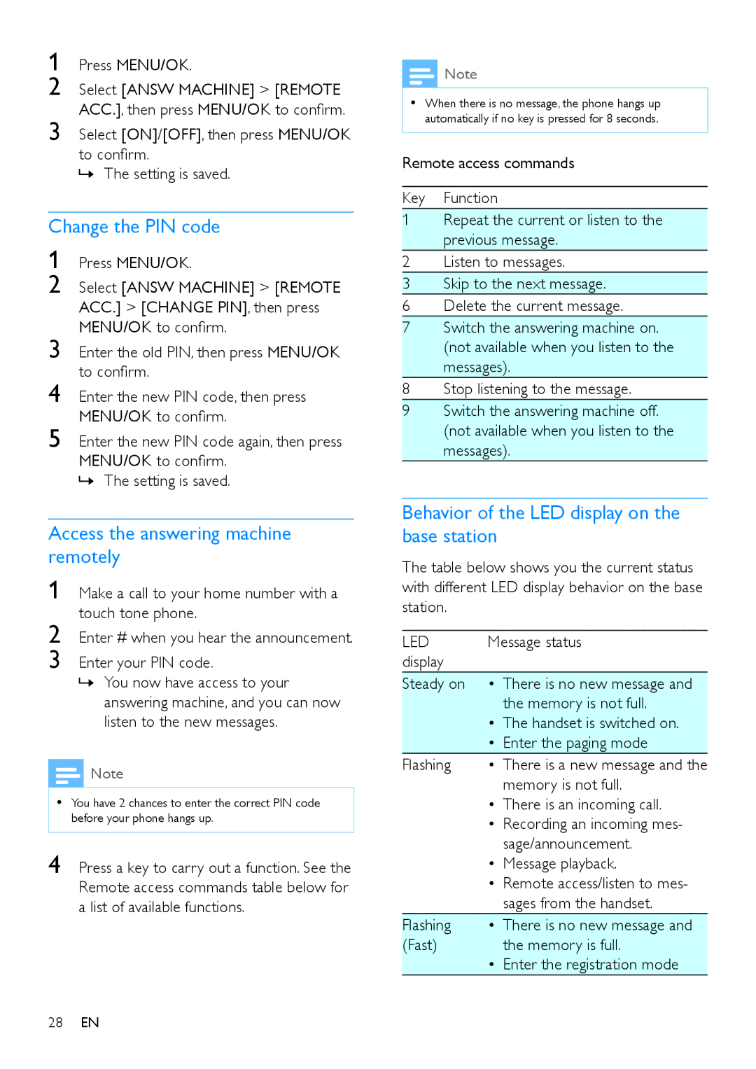 Philips CD195 Change the PIN code, Access the answering machine remotely, Behavior of the LED display on the base station 