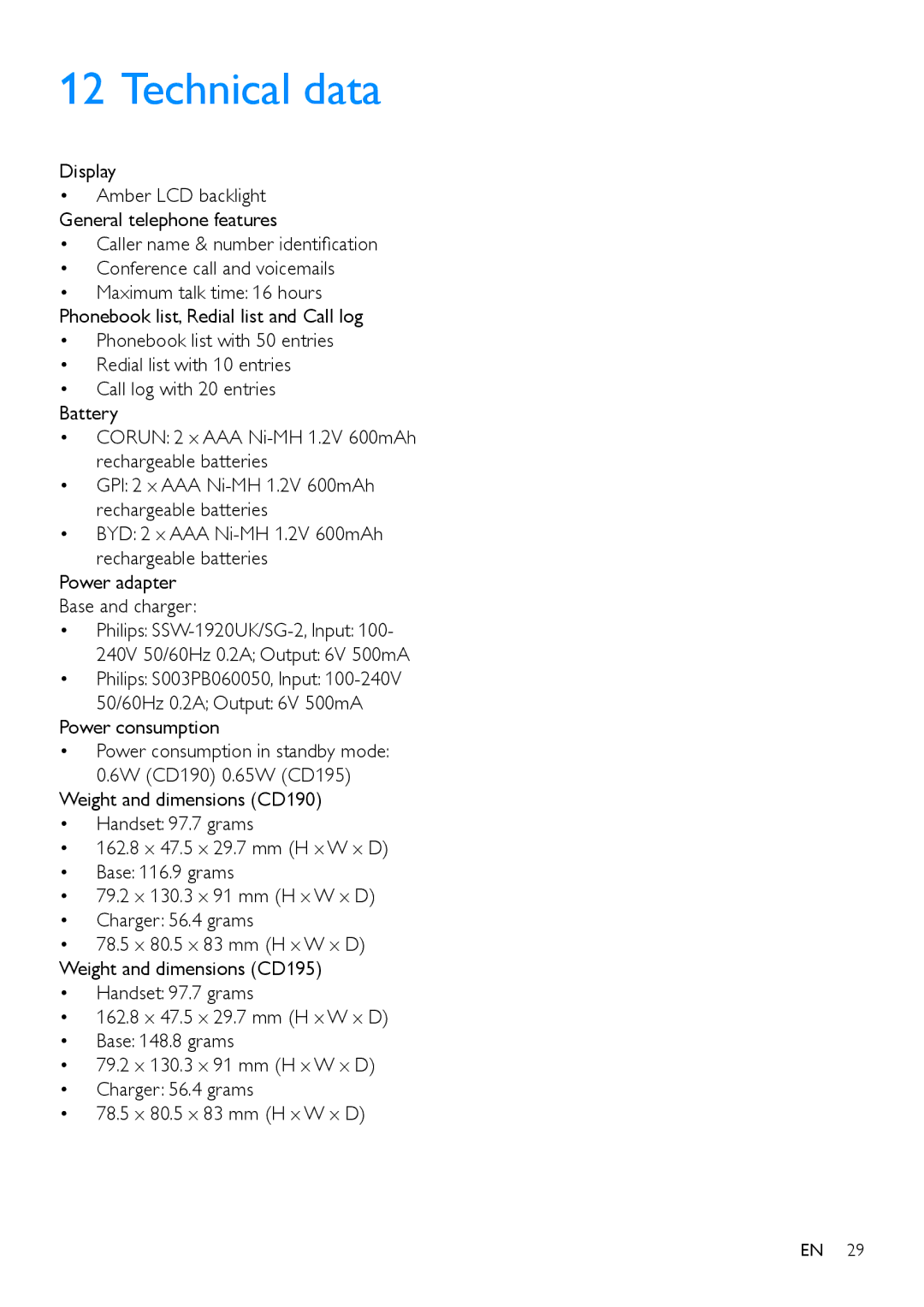 Philips CD190, CD195 user manual Technical data 