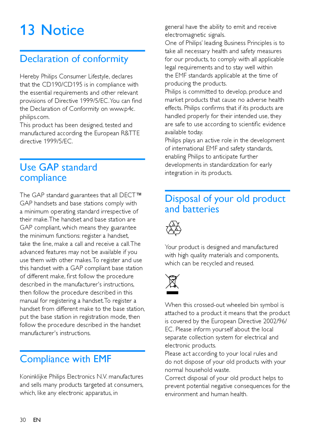 Philips CD195, CD190 user manual Declaration of conformity, Compliance with EMF, Disposal of your old product and batteries 