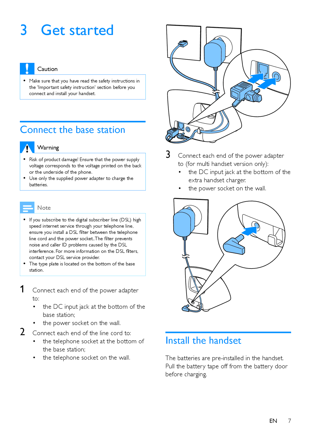 Philips CD190, CD195 user manual Get started, Connect the base station, Install the handset 