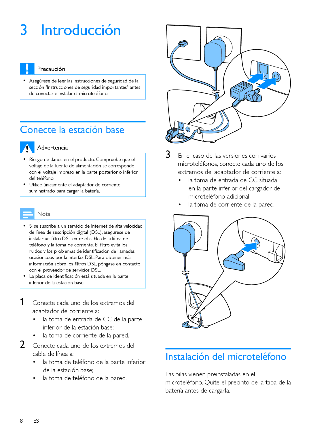 Philips CD196, CD191 manual Introducción, Conecte la estación base, Instalación del microteléfono 