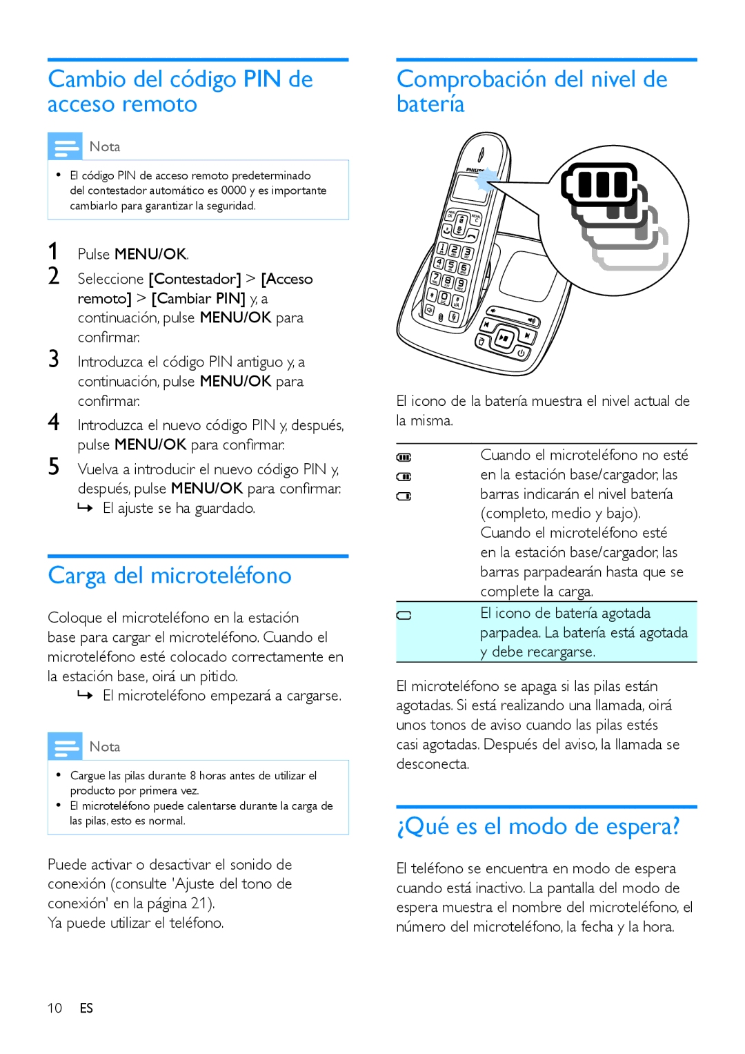 Philips CD196, CD191 Cambio del código PIN de acceso remoto, Carga del microteléfono, Comprobación del nivel de batería 