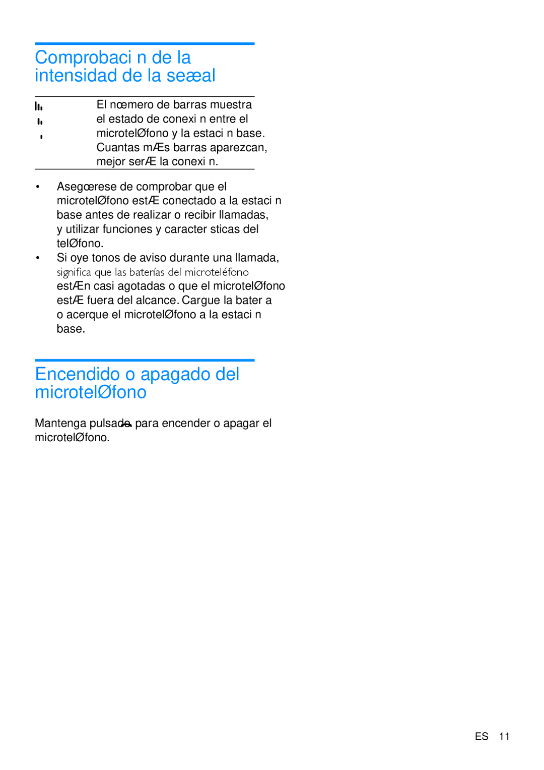 Philips CD191, CD196 manual Encendido o apagado del microteléfono, Comprobación de la intensidad de la señal 