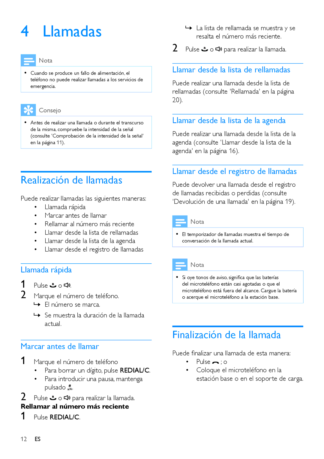 Philips CD196, CD191 manual Llamadas, Realización de llamadas, Finalización de la llamada 