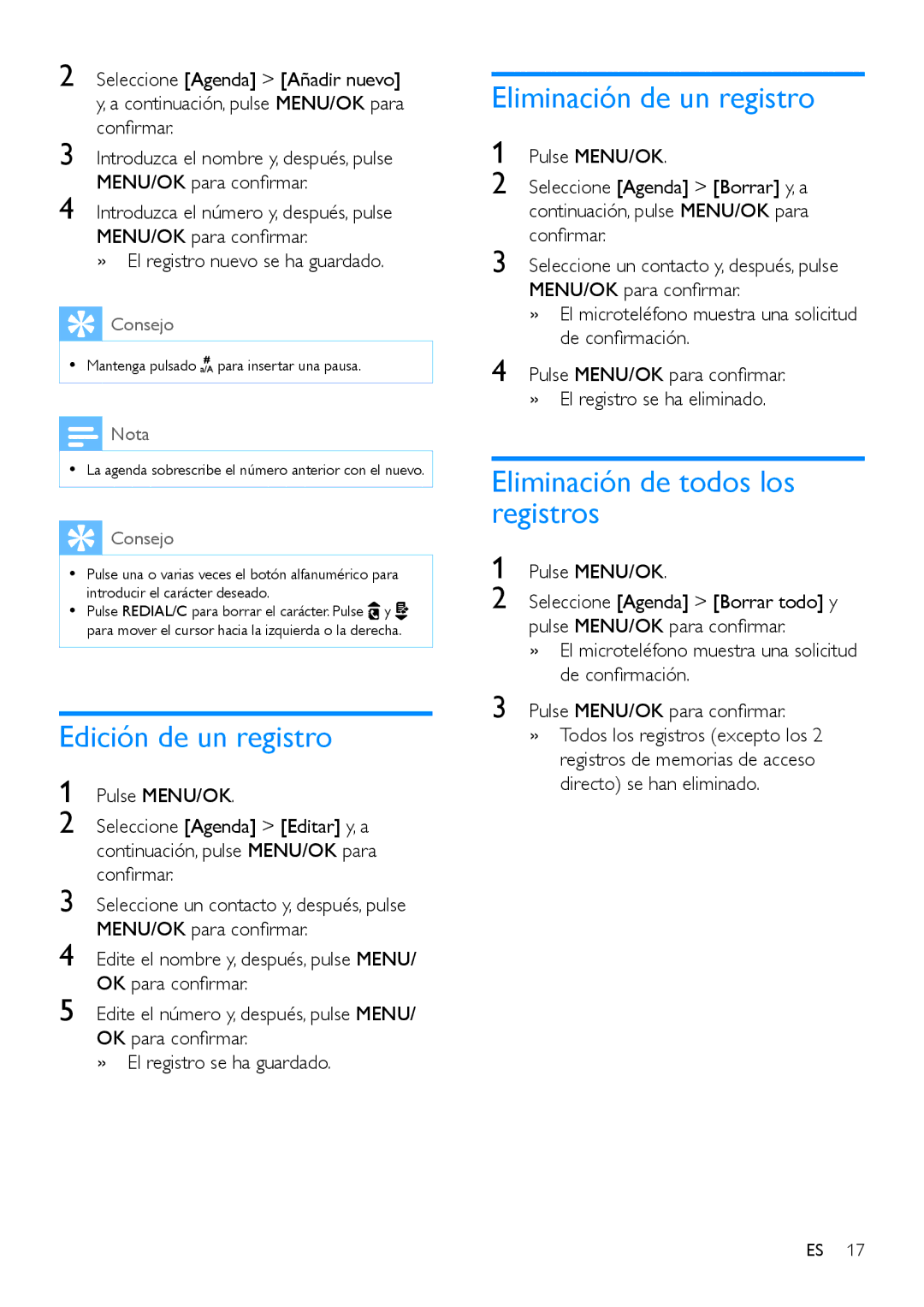 Philips CD191, CD196 manual Edición de un registro, Eliminación de un registro, Eliminación de todos los registros 