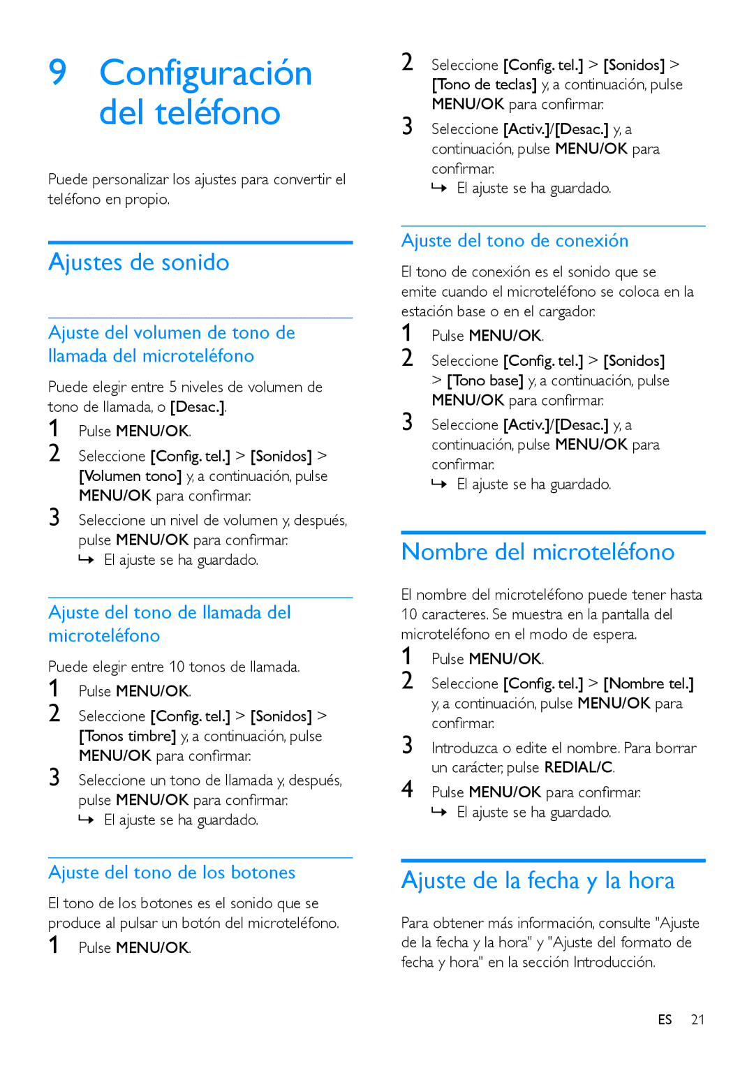 Philips CD191, CD196 manual Ajustes de sonido, Nombre del microteléfono, Ajuste de la fecha y la hora 