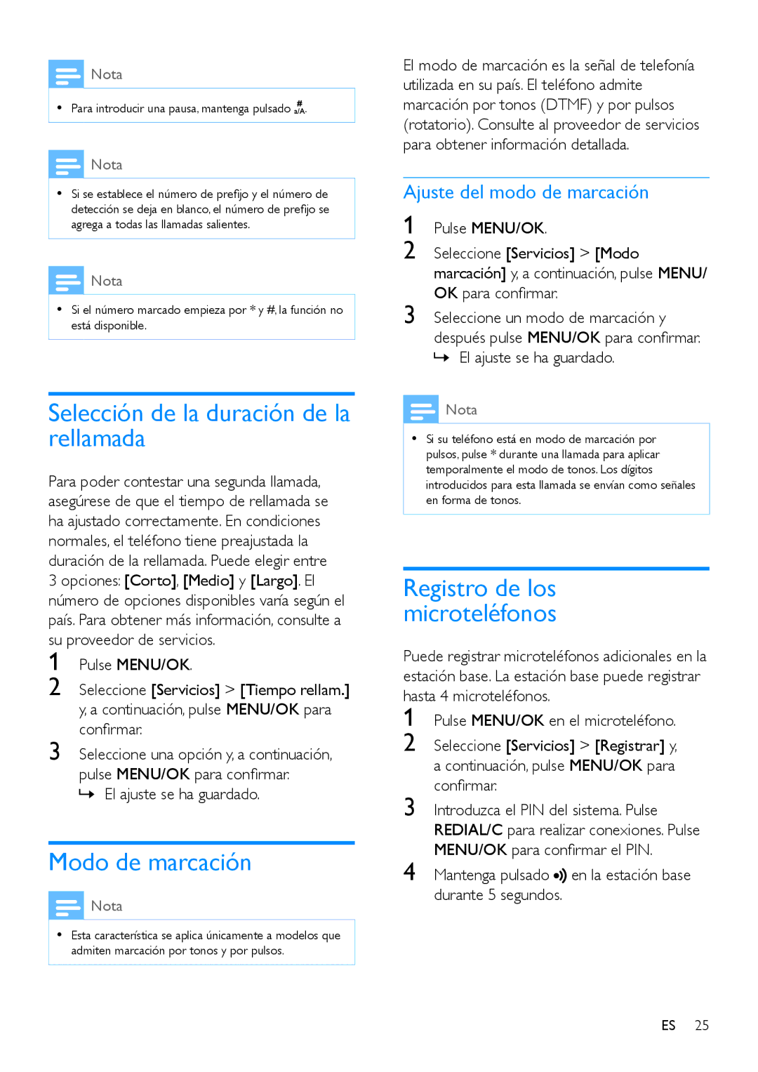 Philips CD191, CD196 manual Selección de la duración de la rellamada, Modo de marcación, Registro de los microteléfonos 