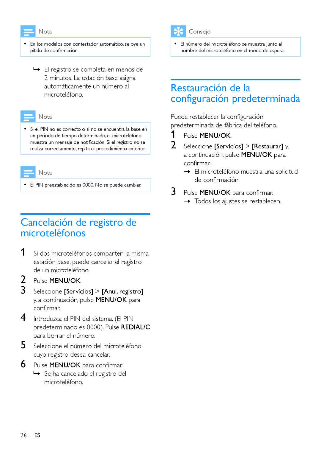 Philips CD196, CD191 manual Cancelación de registro de microteléfonos, Restauración de la configuración predeterminada 