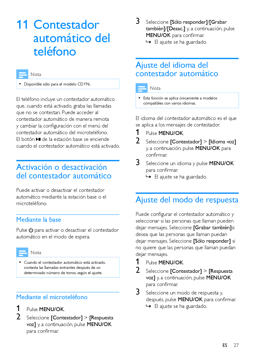 Philips CD191, CD196 manual Contestador automático del teléfono, Ajuste del modo de respuesta, Mediante la base 