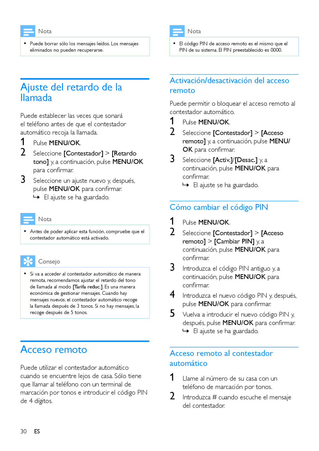 Philips CD196, CD191 manual Ajuste del retardo de la llamada, Acceso remoto, Activación/desactivación del acceso remoto 