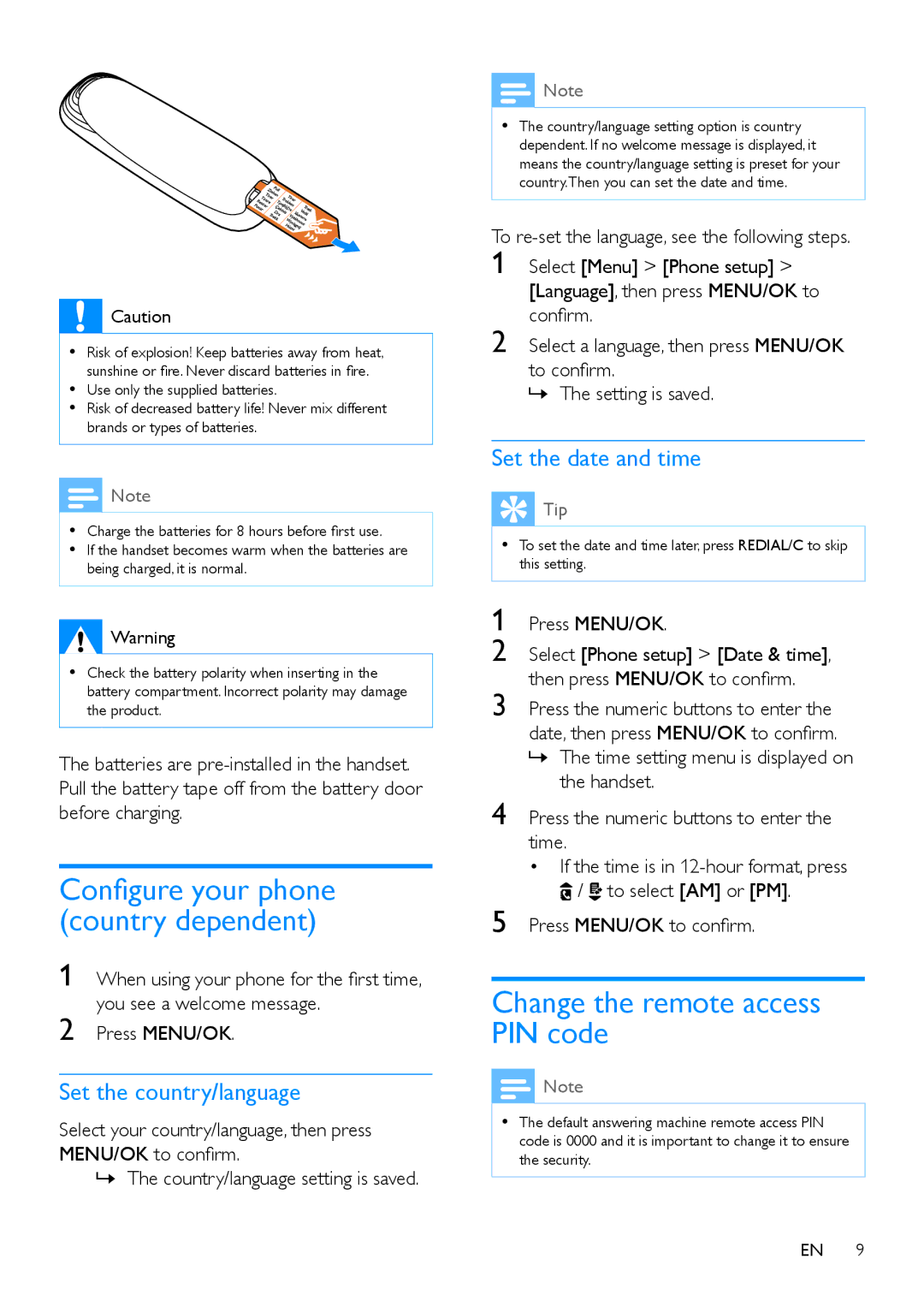 Philips CD196, CD191 user manual Change the remote access PIN code, Set the country/language, Set the date and time 