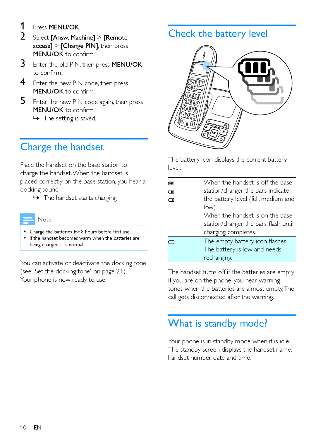 Philips CD191, CD196 user manual Charge the handset, Check the battery level, What is standby mode? 