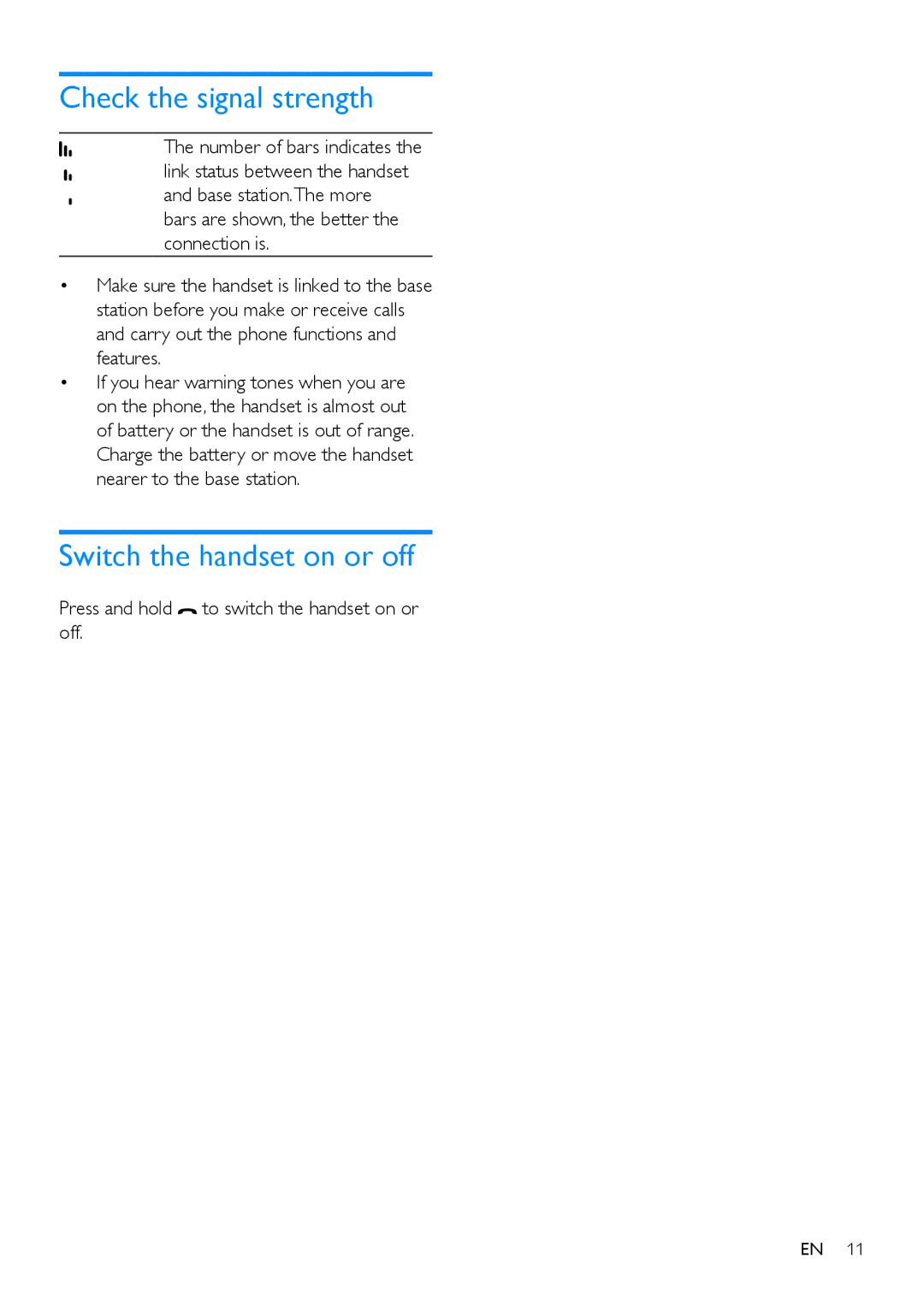 Philips CD196, CD191 user manual Check the signal strength, Switch the handset on or off 