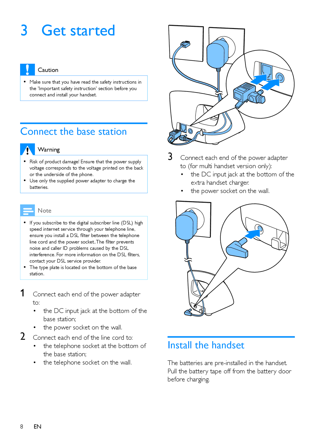 Philips CD191, CD196 user manual Get started, Connect the base station, Install the handset 