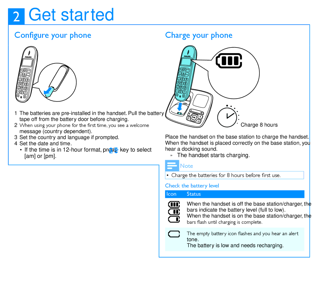 Philips CD191, CD196 quick start Get started, Configure your phone, Charge your phone, Check the battery level, Icon Status 