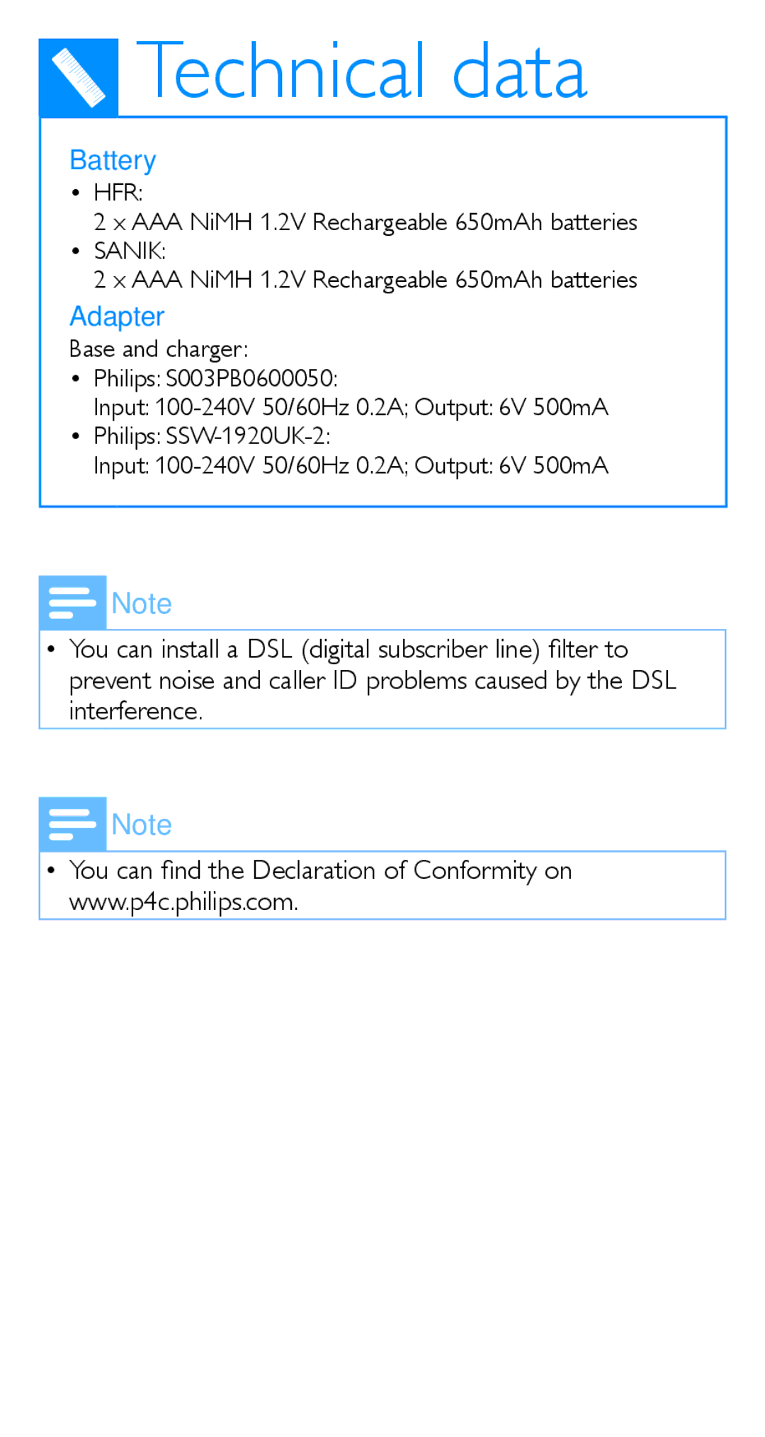 Philips CD191, CD196 quick start Technical data, Battery, Adapter, HFR AAA NiMH 1.2V Rechargeable 650mAh batteries 
