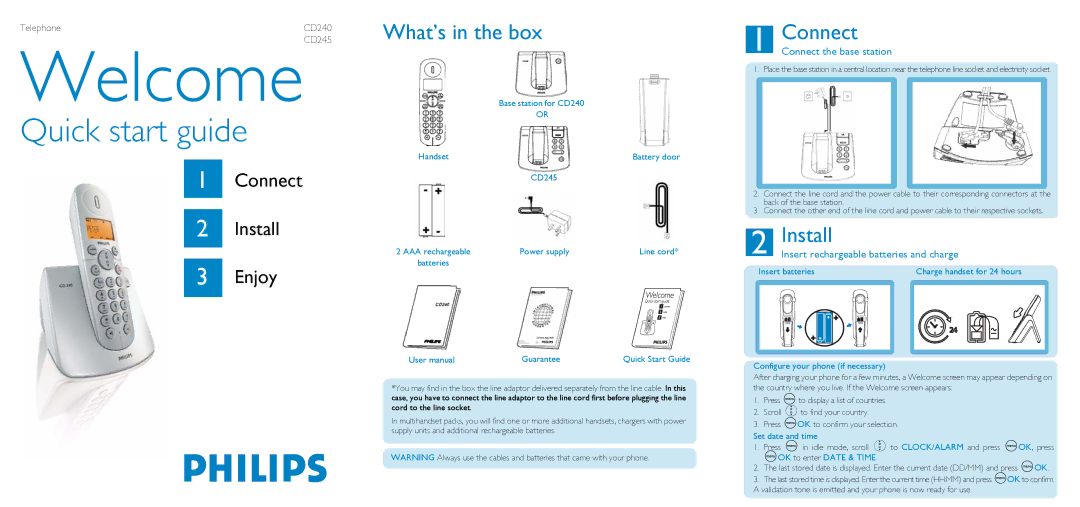Philips CD245 quick start What’s in the box, Install, Connect the base station 