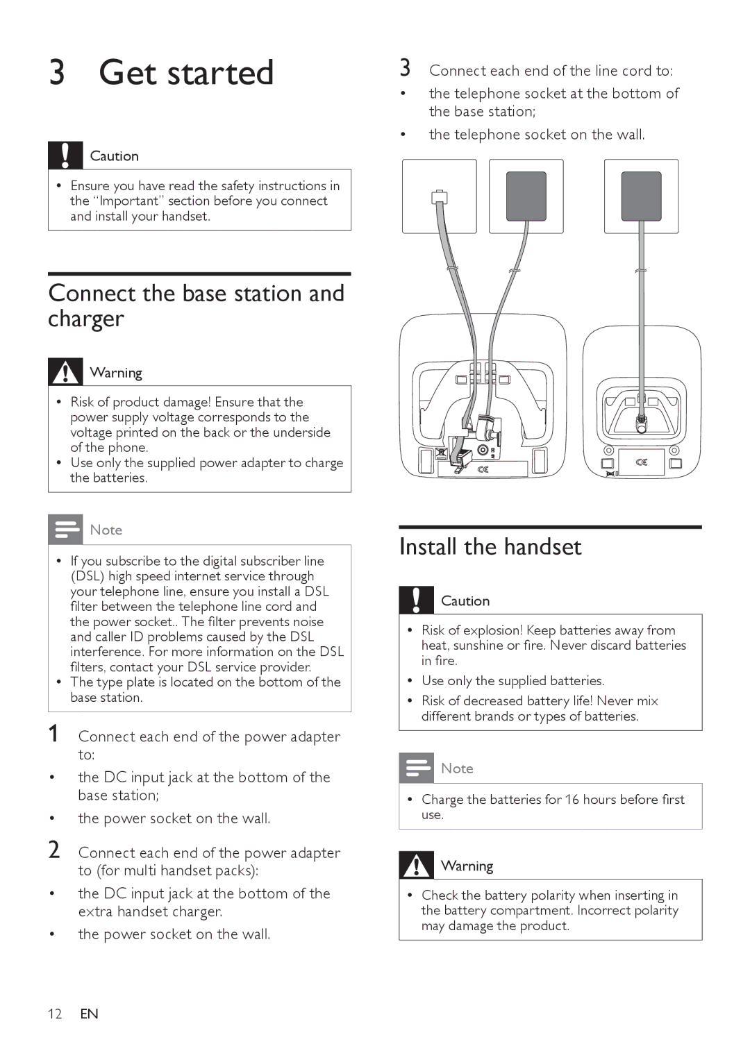 Philips CD275, CD270, AQ95-56F-1224KR user manual Get started, Connect the base station and charger, Install the handset 