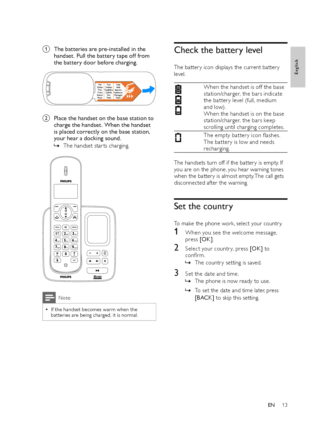 Philips CD270, CD275, AQ95-56F-1224KR user manual Check the battery level, Set the country, »» The handset starts charging 