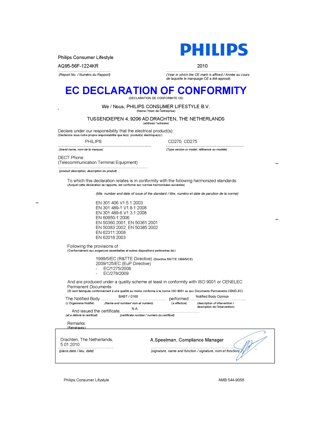 Philips AQ95-56F-1224KR, CD275, CD270 user manual EC Declaration of Conformity 