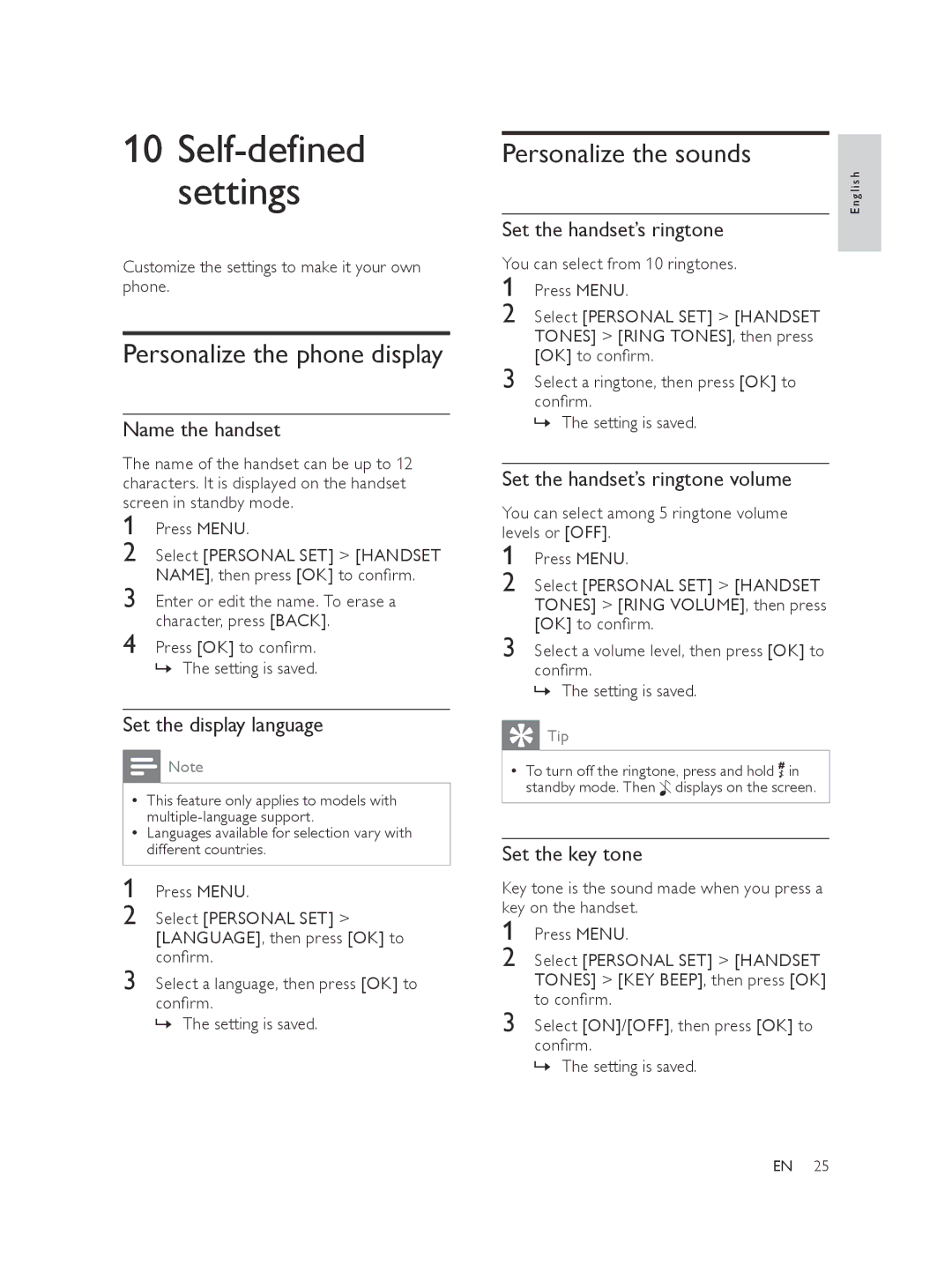 Philips CD270, CD275, AQ95-56F-1224KR user manual Select Personal SET Handset Tones KEY BEEP, then press OK 