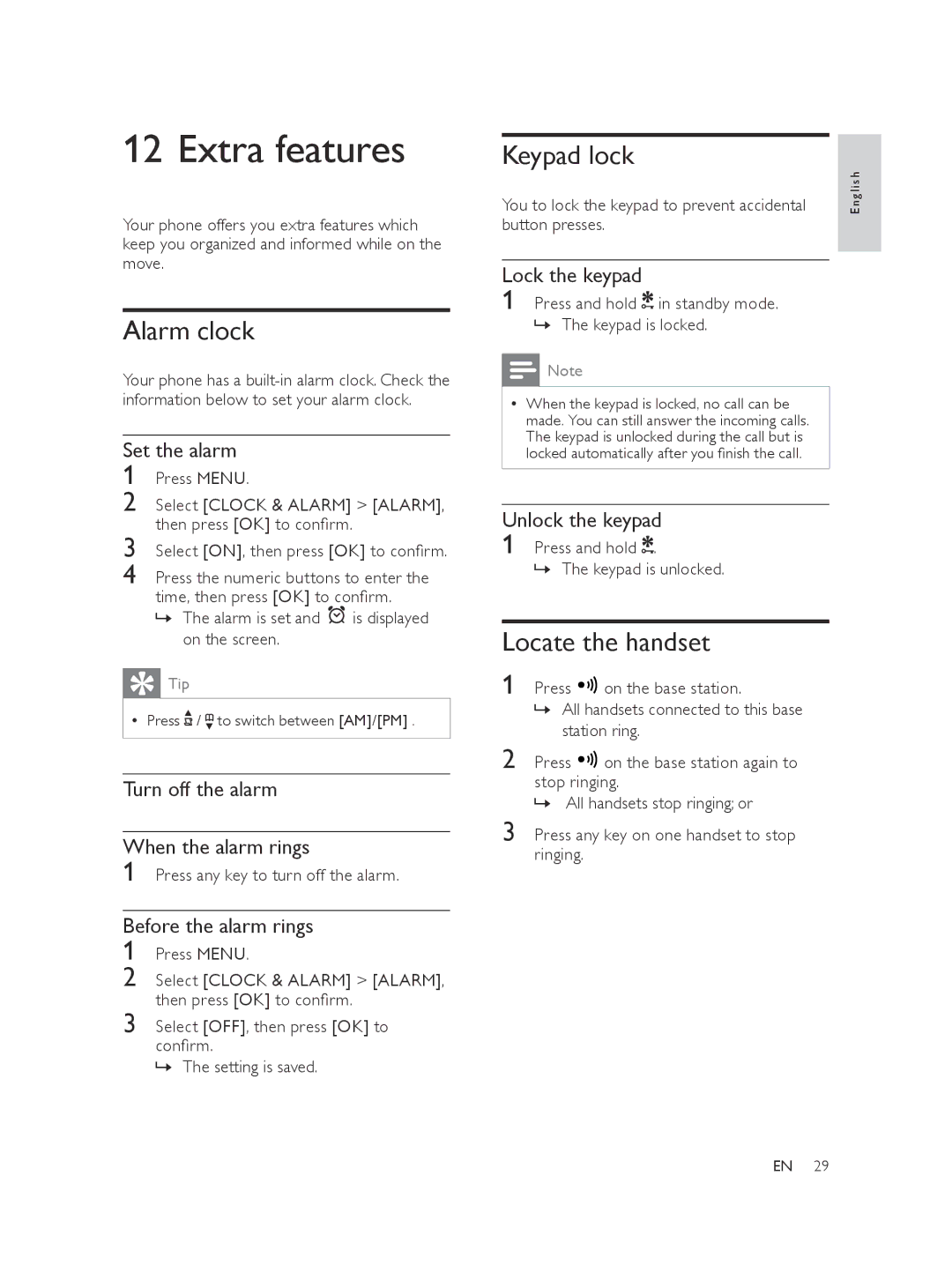 Philips AQ95-56F-1224KR, CD275, CD270 user manual Extra features, Alarm clock, Keypad lock, Locate the handset 