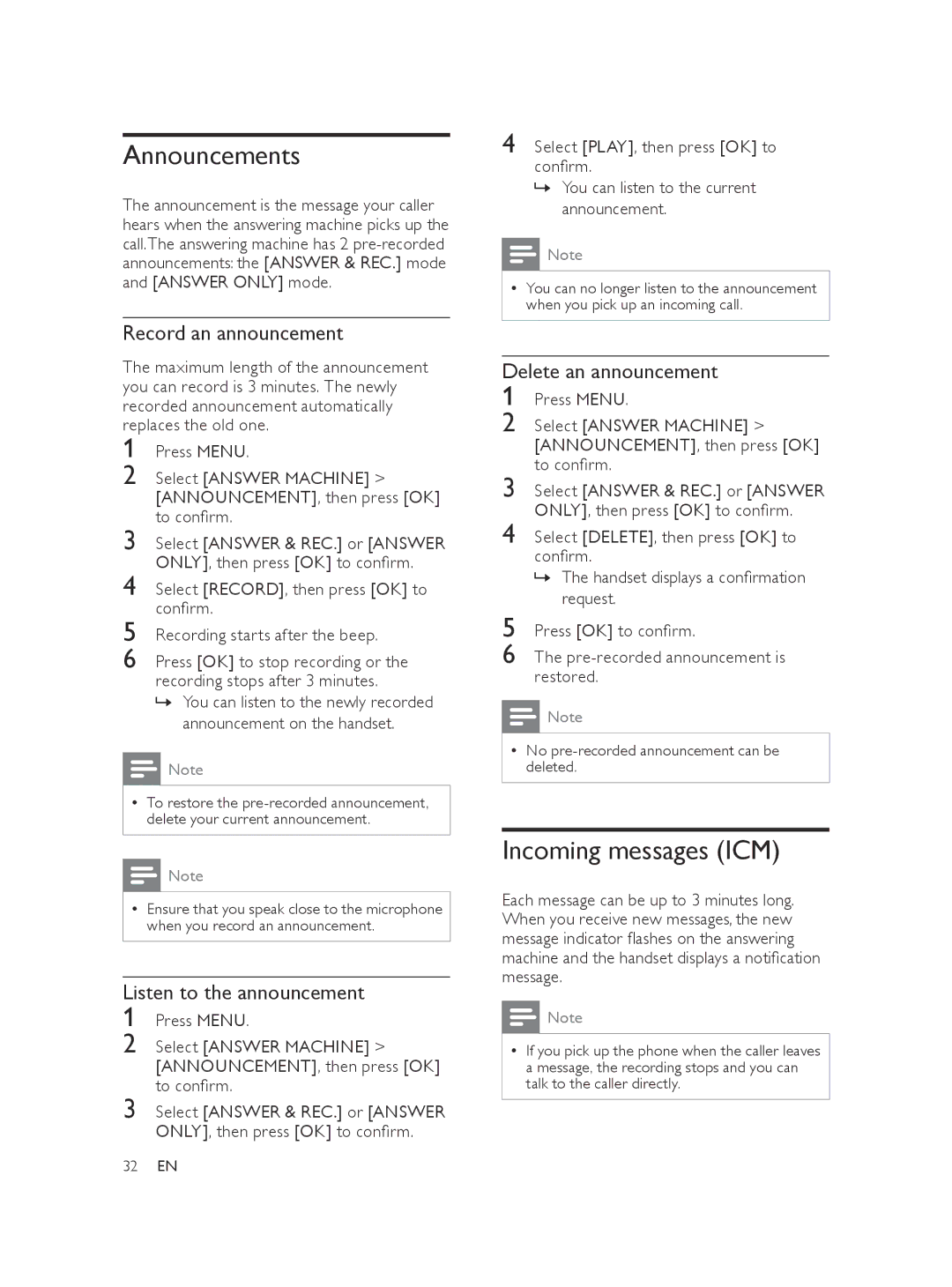 Philips AQ95-56F-1224KR, CD275, CD270 user manual Announcements, Incoming messages ICM, Record an announcement 