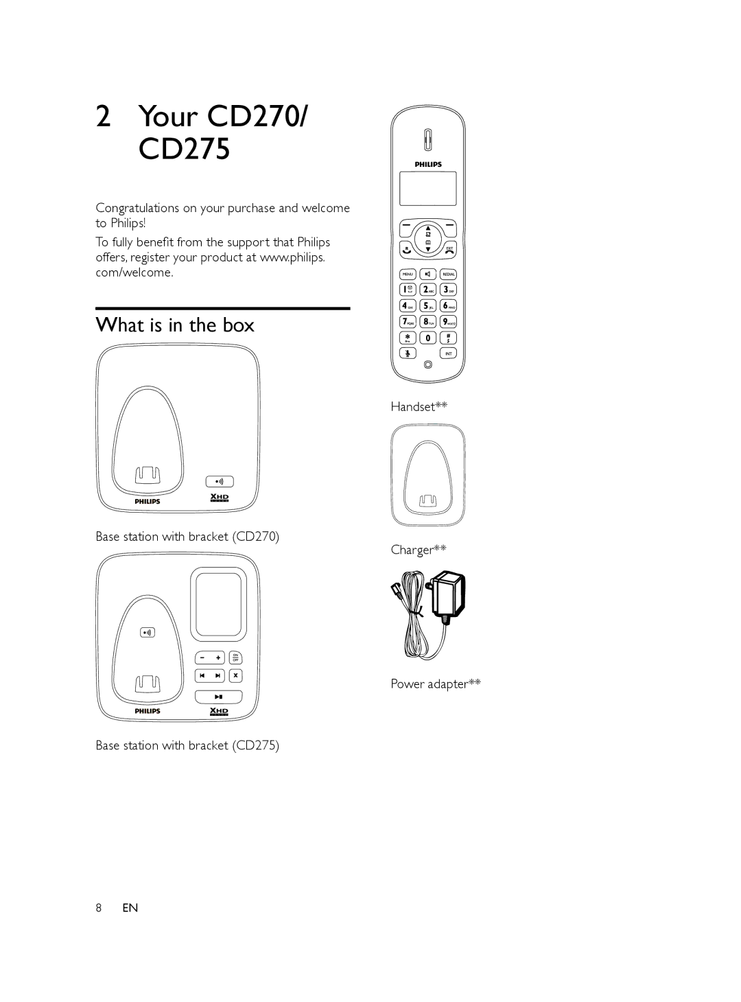 Philips AQ95-56F-1224KR, CD275, CD270 user manual What is in the box, Congratulations on your purchase and welcome to Philips 