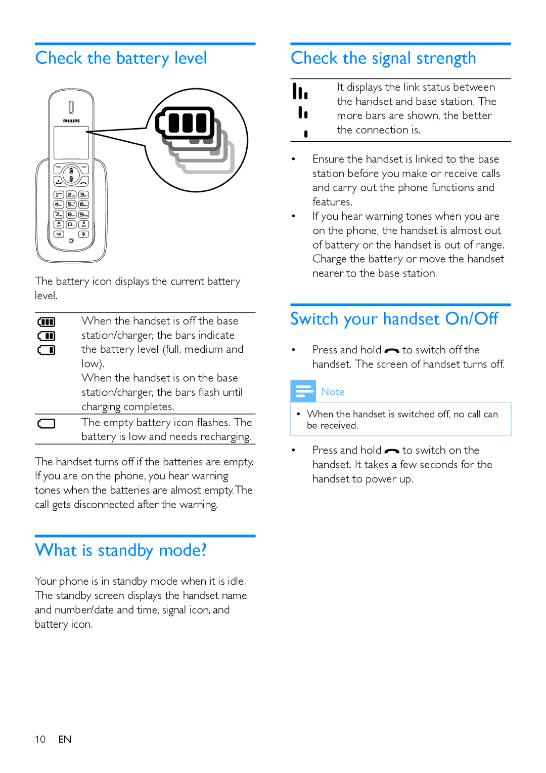 Philips CD285, CD280 Check the battery level, What is standby mode?, Check the signal strength, Switch your handset On/Off 