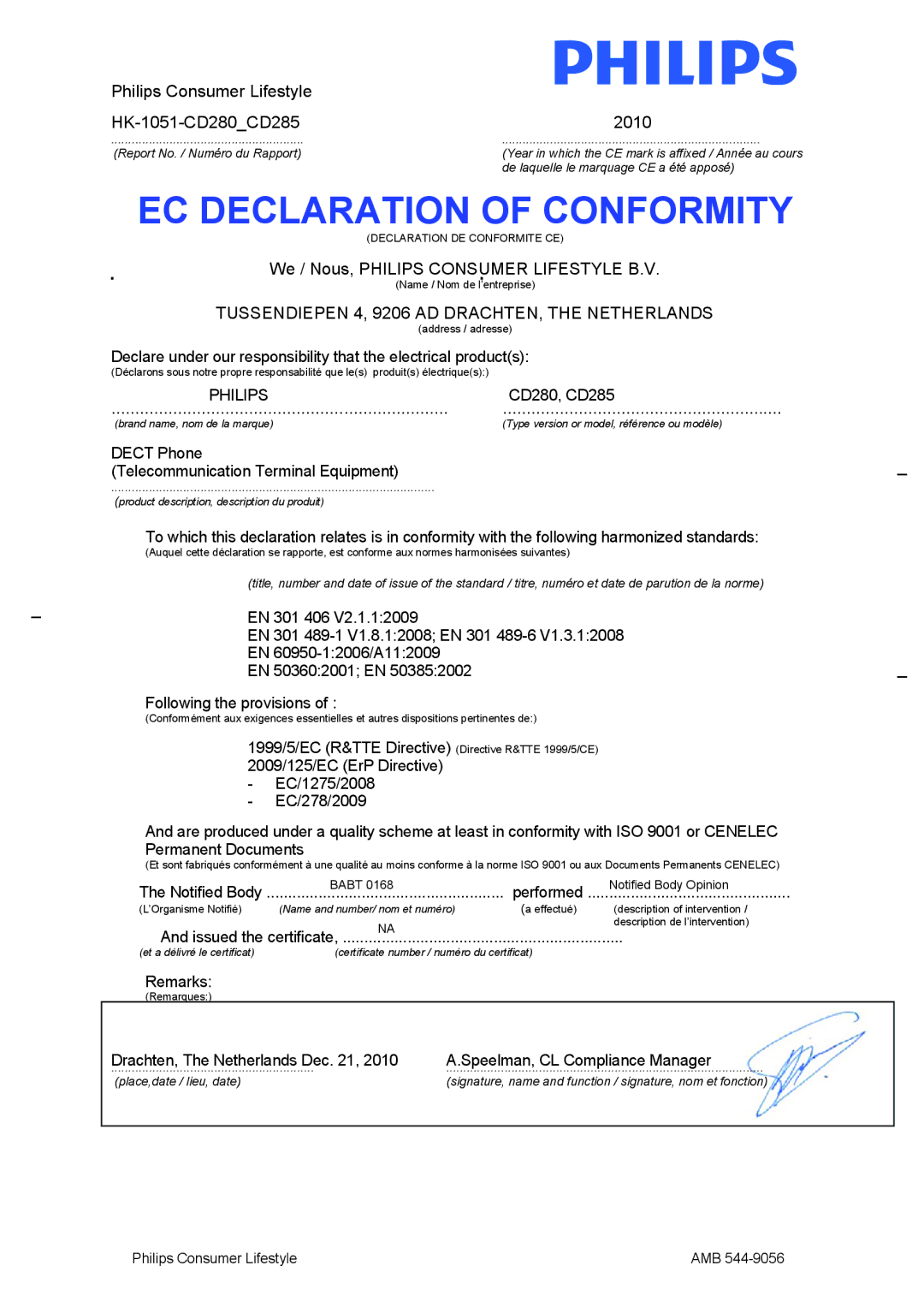 Philips CD285, CD280 user manual EC Declaration of Conformity 