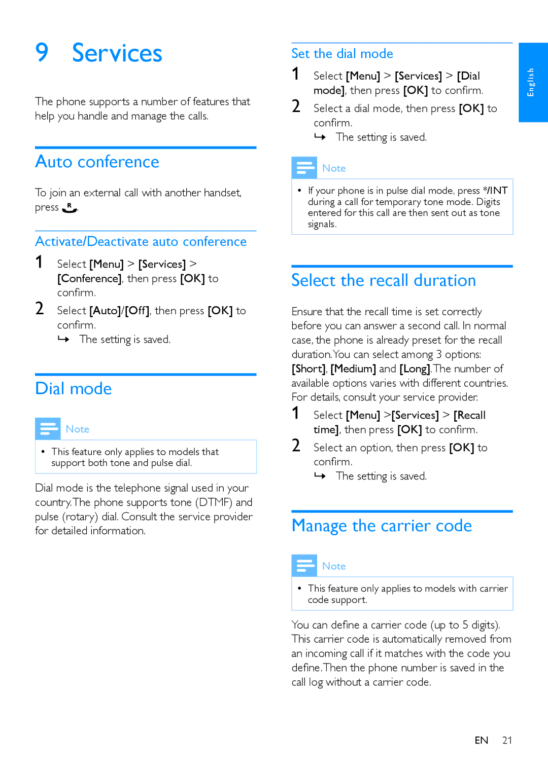 Philips CD280, CD285 user manual Services, Auto conference, Dial mode, Select the recall duration, Manage the carrier code 