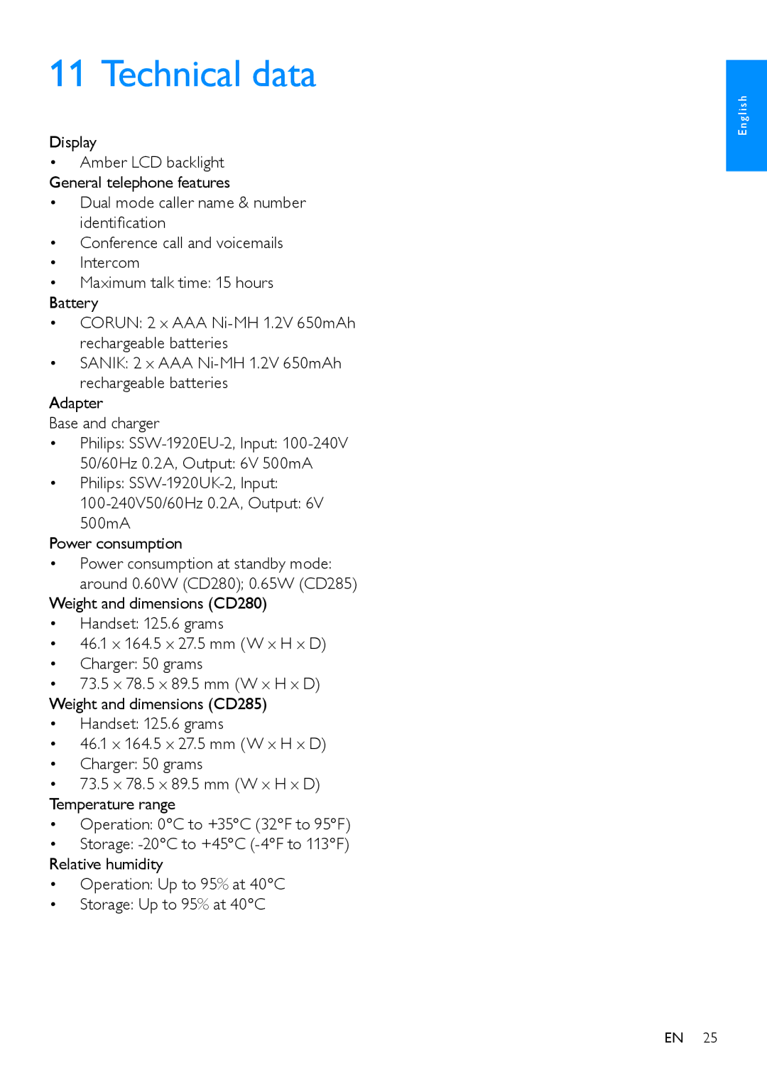 Philips CD280, CD285 user manual Technical data, Display 