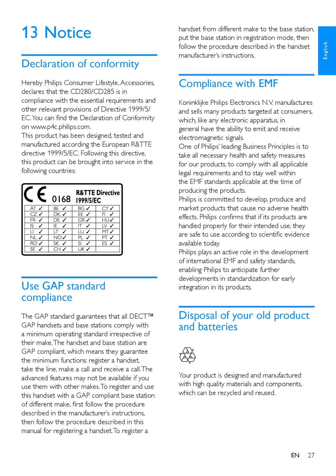 Philips CD280, CD285 user manual Declaration of conformity, Compliance with EMF, Disposal of your old product and batteries 