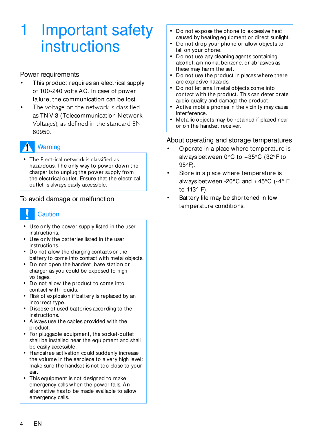 Philips CD285, CD280 Power requirements, Voltages, as defined in the standard EN 60950, To avoid damage or malfunction 