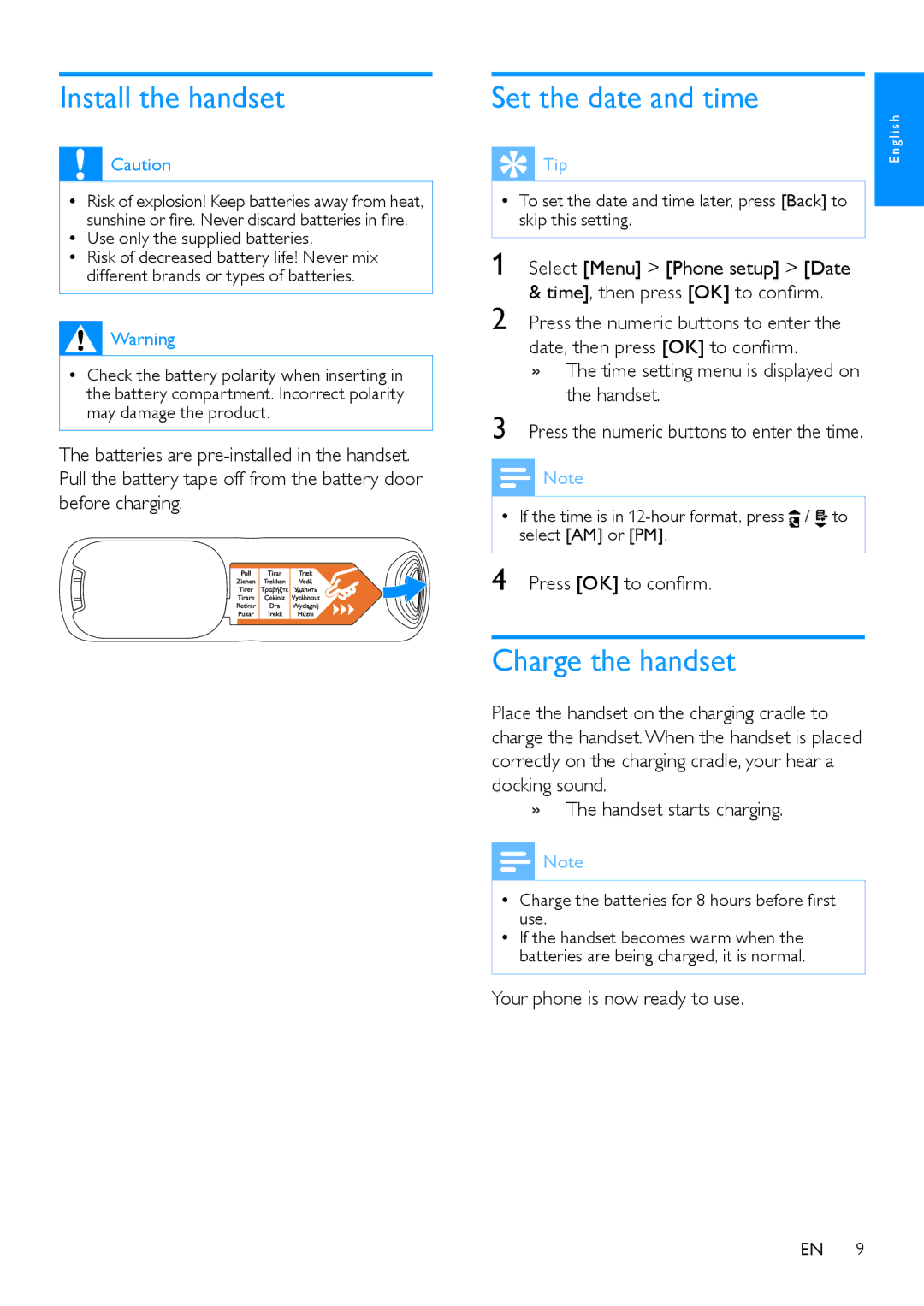 Philips CD280, CD285 user manual Install the handset, Set the date and time, Charge the handset, Press OK to confirm 