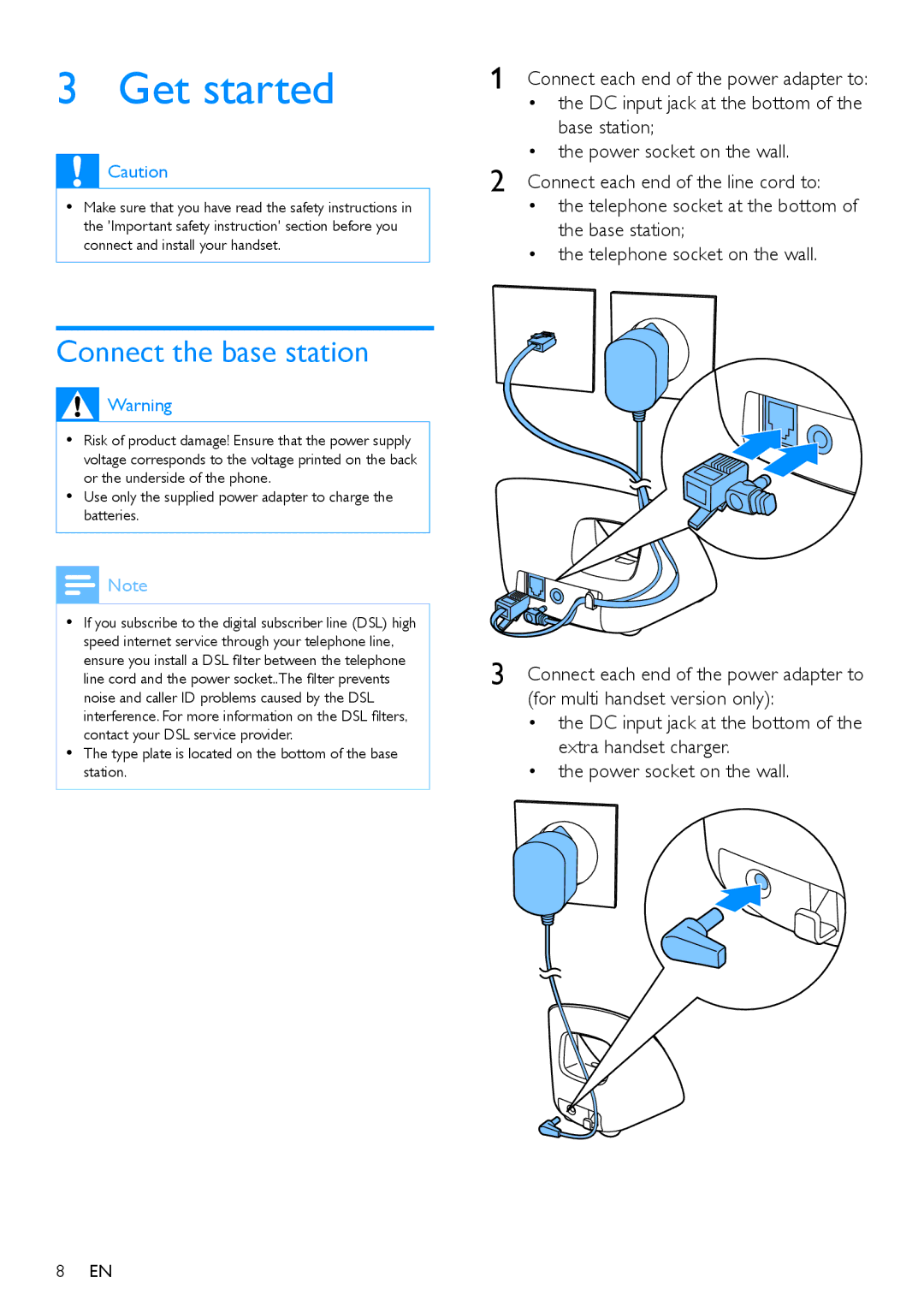 Philips CD290, CD295 user manual Get started, Connect the base station 