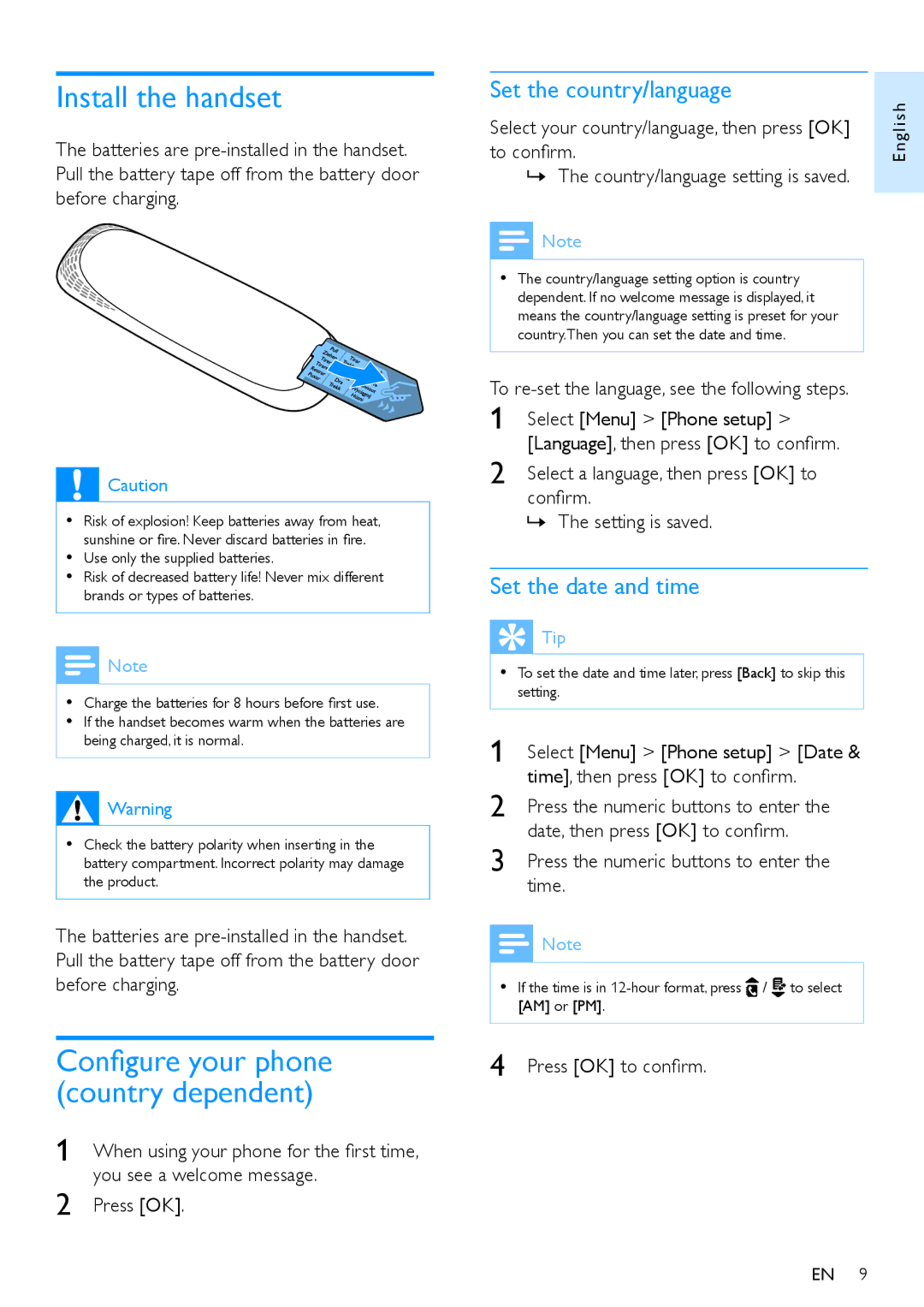 Philips CD295, CD290 user manual Install the handset, Set the country/language, Set the date and time 