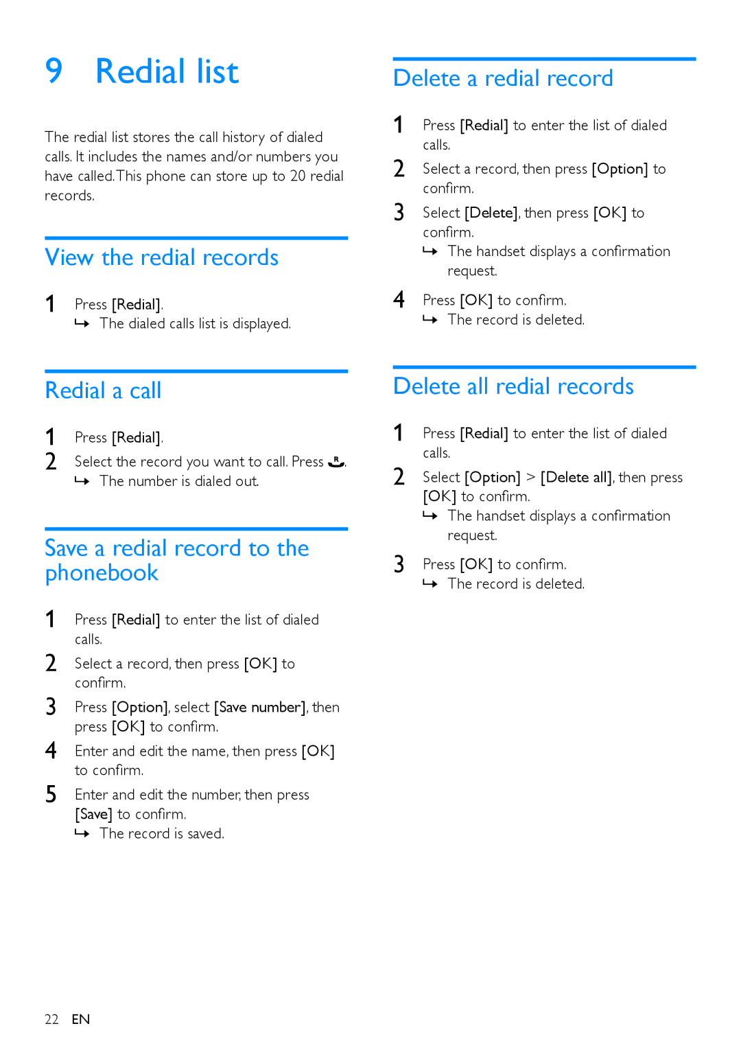 Philips CD290, CD295 user manual Redial list 