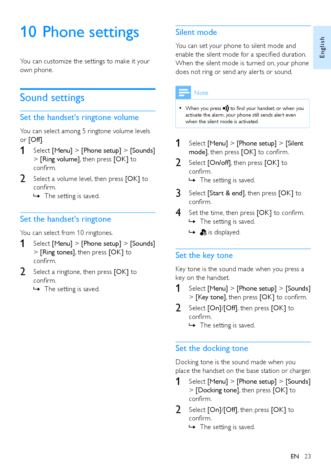 Philips CD295, CD290 user manual Phone settings, Sound settings 